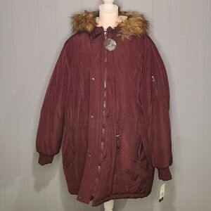 Women Plus Size Solid Long Sleeve Puffer Hooded Jacket Maroon